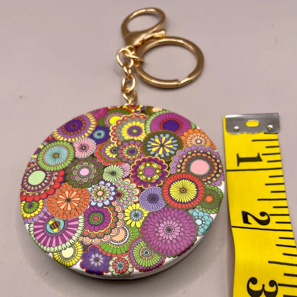 Jewel tone floral compact mirror keychain. Keyring purse bag backpack charm